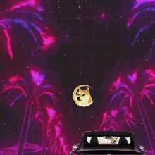 a doge in a car with a purple background
