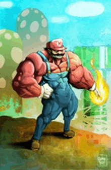 a cartoon drawing of a very muscular mario holding a fire