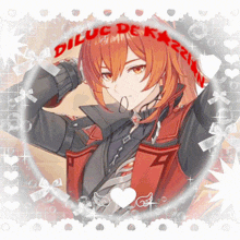 a picture of a boy with red hair and the words " diluc de kazun " on the bottom