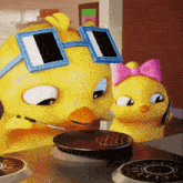 a cartoon duck wearing sunglasses and a pink bow is cooking a meal