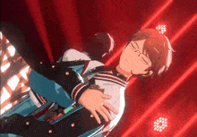 a man with glasses and a star on his chest is being held by another man