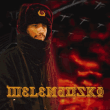 a man wearing a russian hat is standing in front of a red background that says ' helsinki ' on it
