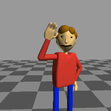 a cartoon character in a red shirt and blue pants waving his hand