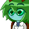 a pixel art drawing of a person with green hair and big green eyes .