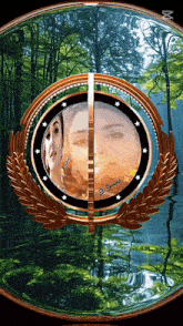 a picture of a woman in a circle with a laurel wreath around it