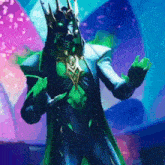 a man in a green costume with a crown on his head is standing in front of a blue background .