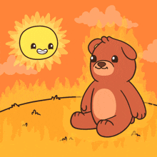 a teddy bear is sitting in front of a sun that is smiling