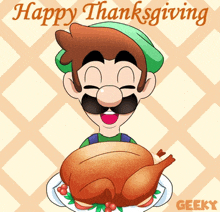 a cartoon of mario holding a turkey with the words happy thanksgiving geeky below him