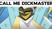 a cartoon character is standing in front of a pile of cards and a sign that says `` call me dickmaster '' .
