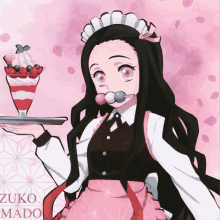 a girl in a maid costume is holding a tray of food