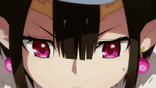 a close up of a girl 's face with red eyes and earrings