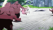 a girl in a pink dress is being kicked by a group of pink monsters