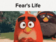 two angry birds are standing next to each other with the words fear 's life above them .