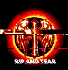 a picture of a cross with the words rip and tear written below it