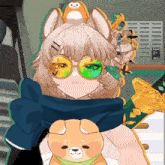 a girl with a teddy bear on her shoulder wearing sunglasses