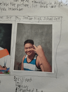 a picture of a boy with the words " my senior high school self " written below it