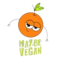 a cartoon illustration of an orange with arms and legs and the words maybe vegan below it