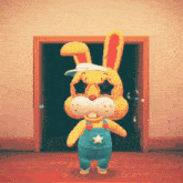 a stuffed bunny wearing overalls and a hat is standing in front of a door
