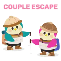 a couple of penguins standing next to each other with the word couple escape above them