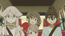 a group of anime characters are sitting in a car with one wearing glasses