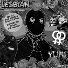 a black and white photo of a person with a sign that says " lesbian "