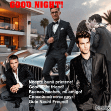 a man in a suit is standing in front of a car with the words good night written on it