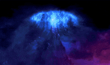 a painting of a mountain with a blue light behind it