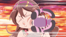 a cartoon girl with a musical note on her head is holding a stuffed animal