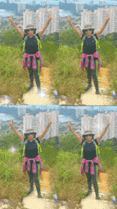 a woman wearing sunglasses and a plaid shirt stands on a staircase with her arms in the air