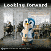 a penguin with a peoplehum shirt on