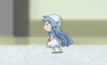 a cartoon character with long blue hair and a white dress is running on the floor .