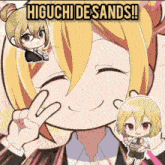 a cartoon of a girl with the words higuchi de sands on top