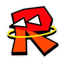 a red letter r with a yellow halo around it