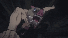 a cartoon character is flying through the air with his mouth open and sharp teeth .