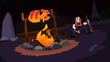 a cartoon of a man sitting next to a campfire with a skull on his shirt