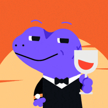 a purple frog in a tuxedo holds a glass of wine
