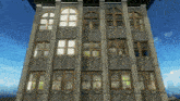 a computer generated image of a building with a blue sky behind it