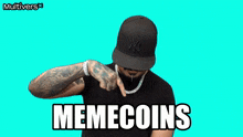 a man flexes his muscles in front of a memecoins logo
