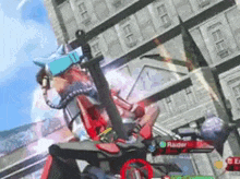 a video game character is flying through the air in front of a building while wearing a virtual reality headset .