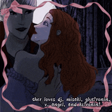a drawing of two women with the words " ther loves dj misaki glut ronin v angel and ke ronin "