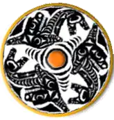 a black and white circle with a yellow border and a yellow center