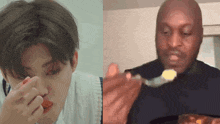 a man is eating something with a spoon and another man is eating something with a spoon