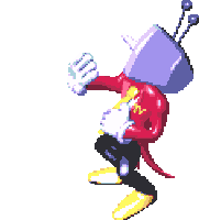 a pixel art drawing of a cartoon character with a tv head