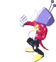 a pixel art drawing of a cartoon character with a tv head