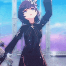 a girl in a black dress with a butterfly on her hair