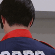 a man wearing a blue and red jacket with the words `` what do you say '' written on the back .
