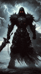 a dark knight with red eyes is holding a sword in front of a cloudy sky
