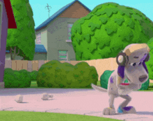 a cartoon dog wearing headphones is walking down the street