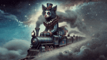 a clown dog is riding a blue train