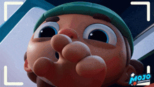 a close up of a cartoon character with the word mojo on the bottom